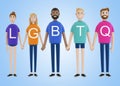 Happy people of different nationalities holding hands. LGBT community. A group of gay, lesbian, bisexual and transgender activists