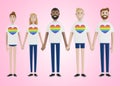 Happy people of different nationalities holding hands. LGBT community. A group of gay, lesbian, bisexual and transgender activists