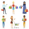 Happy people of different nations make shopping. Vector