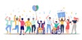 Happy people with disabilities dancing and having fun, flat vector illustration. Disabled people lifestyle.