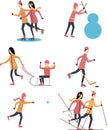 Happy people are doing winter sports out-of-doors. Flat design vector illustration.
