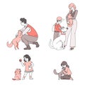 Happy people with domestic animals vector cartoon illustration. People taking care and playing with pets.