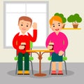 Happy people drinking coffee in restaurant. Young man and woman sitting and holding coffee cups. Couple having breakfast. Cartoon Royalty Free Stock Photo