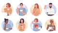 Happy people eat food in round avatar set, persons sitting at restaurant or home table