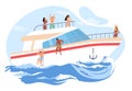 Happy people enjoying rest on yacht vessel vector illustration