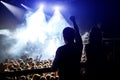 Happy people enjoying rock concert, raised up hands and clapping of pleasure, active night life concept