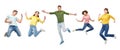 Happy people or friends jumping in air over white Royalty Free Stock Photo