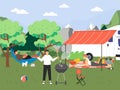 Happy people grilling sausages and reading books, flat vector illustration. Summer hiking, bbq party, camper van travel. Royalty Free Stock Photo