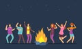 Happy people group dancing at campfire. Music festival camping vector cartoon concept Royalty Free Stock Photo