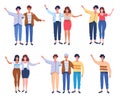 Happy people group portrait. Friends waving hands, couples embracing each other vector illustration Royalty Free Stock Photo