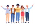 Happy people group portrait. Friends waving hands, embracing each other vector illustration