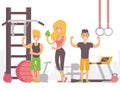 Happy people in gym, vector illustration. Smiling man and woman happy with their results after workout in fitness studio