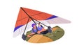 Happy people hang gliding. Man with dog flying on hangglider in air, guy paragliding on deltaplan. Flight in the sky on