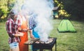 Happy people having camping and having bbq party Royalty Free Stock Photo