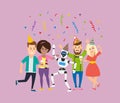 Happy people having fun on party with robot android Royalty Free Stock Photo