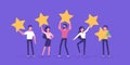 Happy people are holding review stars over their heads. Five stars rating. Customer review rating and client feedback concept.