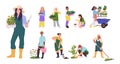 Happy people cartoon characters set gardening growing houseplants and planting orchard trees