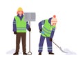 Happy people janitors cartoon characters cleaning street from snow together using manual shovel Royalty Free Stock Photo