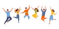 Happy people jumping set. Young funny teens guy, girl jumping together for joy joyful celebration victory team of