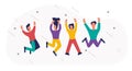 Happy people jumping vector illustration fun background. Young people woman and man jump celebration party active. Action crowd