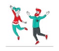 Happy People Jumping on White Background. Young Joyful Man and Woman Characters Jump and Dancing with Raised Hands Royalty Free Stock Photo
