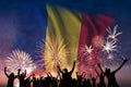 People are looking on fireworks and flag of Romania Royalty Free Stock Photo