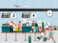 Happy people with luggage, travel documents, tickets at the airport check in counter, flat vector illustration.