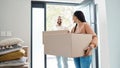 Happy people moving, new house and carrying box, man and woman, real estate property and home owner. Mortgage, couple Royalty Free Stock Photo