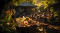 Happy People Outdoor Dinner Party In Garden