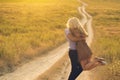 Happy people outdoors beautiful landscape and couple in love wit Royalty Free Stock Photo