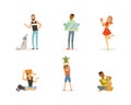 Happy People Pet Owner with Dog, Cat, Hamster and Fish Loving Their Animal Vector Set Royalty Free Stock Photo