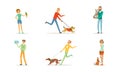 Happy People Pet Owner with Dog, Cat, Parrot and Fish Loving Their Animal Vector Set Royalty Free Stock Photo