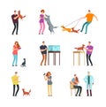 Happy people pet owner. Man, women and family training and playing with pets vector cartoon characters