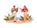 Happy people playing ukulele on beach, flat vector illustration isolated on white background. Royalty Free Stock Photo