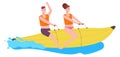 Happy people ride banana boat in water waves Royalty Free Stock Photo