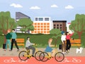 Happy people riding bicycle, walking with dog, taking selfie in city park, vector illustration. Outdoor leisure activity Royalty Free Stock Photo