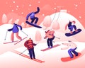 Happy People Riding Snowboard and Skis by Snow Slopes. Winter Time Season Holidays. Sportswomen Having Fun on Ski Royalty Free Stock Photo