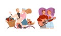 Happy people in romantic relationships set. Couples singing together and riding bike vector illustration Royalty Free Stock Photo