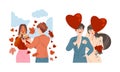 Happy people in romantic relationships set. Young man proposing marriage to girl. Happy wedding couple vector