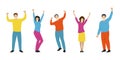 Happy people set in flat style. Smiling and laughing Men and woman rising Hands up. Dancing persons. Party, success, friendship, c Royalty Free Stock Photo