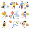 Happy people are shopping in the store. Men and women with bags, boxes and packaged goods enjoy purchasing Royalty Free Stock Photo