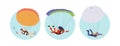 Happy people skydivers cartoon character isolated round composition set for parachuting sport club