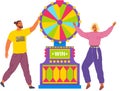 Happy people spinning wheel of fortune gambler tries his luck in casino. Gambling entertainment