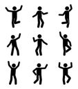 Happy people stick figure icon set. Man in different poses celebrating pictogram. Royalty Free Stock Photo