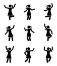 Happy people stick figure icon set. Woman in different poses celebrating pictogram. Royalty Free Stock Photo