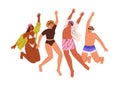 Happy people in swimsuits jumping up. Young positive friends on summer holiday. Excited men, women in bathing suits