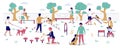 Happy people training pets at dog walking area vector illustration