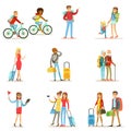 Happy People Traveling And Having Camping Trips Set Of Flat Cartoon Tourists Characters