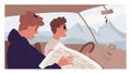 Happy people traveling together by car and looking for route in map. Male friends on their mountain trip with landscape