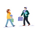 Happy people walk down the street with bags and gifts. Vector christmas illustration. Preparing for the holiday season.